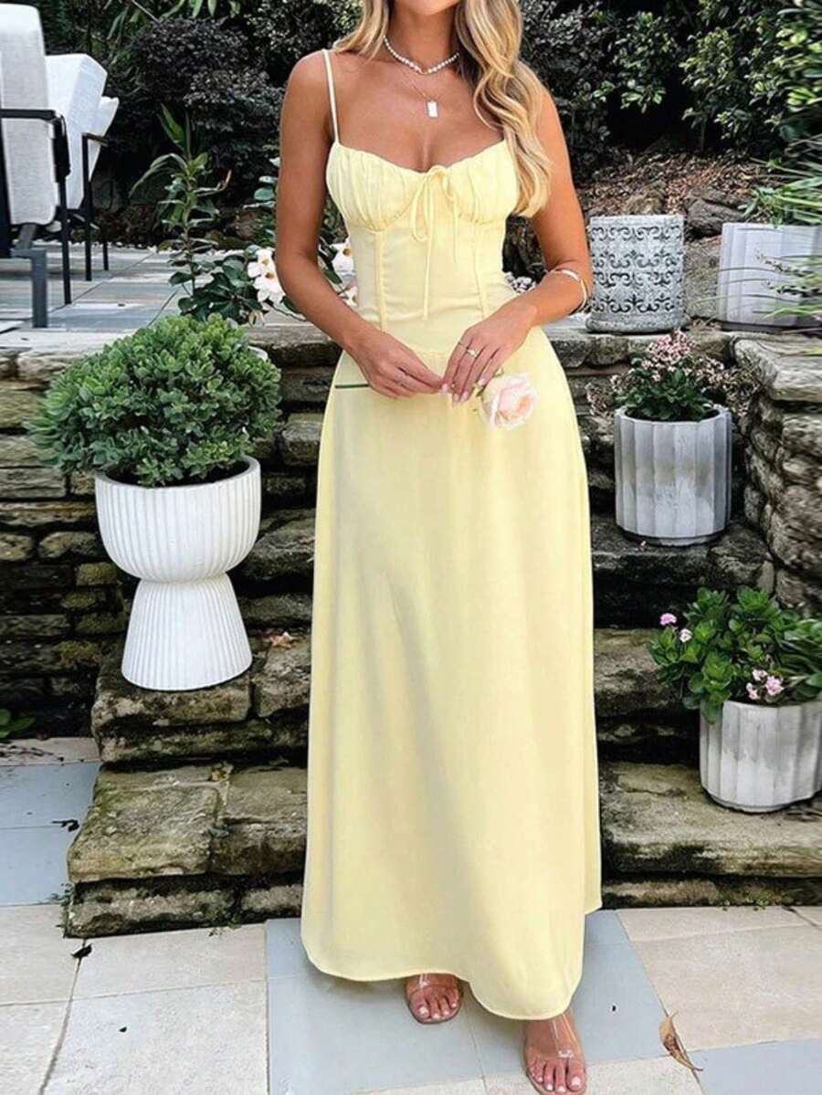 Nuevo vestido de mujer de primavera 2026 con tirantes sólidos en letra a - Amarillo - Ver 1