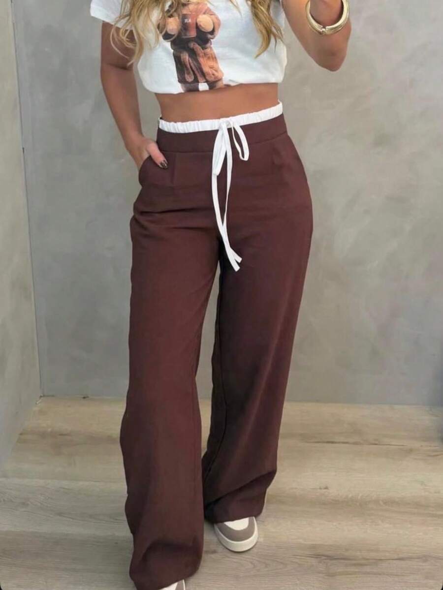 Women's Two-Tone Wide-Leg Pants With Double Waistband, Stylish And Casual - Rỉ Nâu - Xem 1