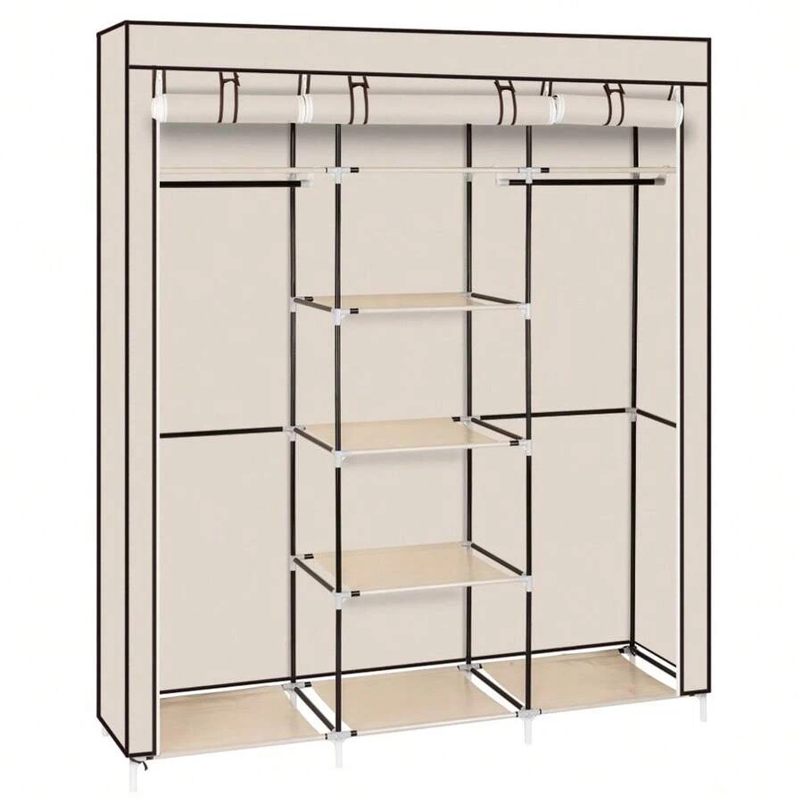69" Portable Clothes Closet Non-Woven Fabric Wardrobe Double Rod Storage Organizer Beige - 如圖所示 - 查看 1
