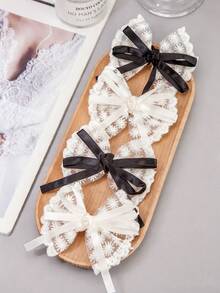 2/4入 女孩多色緞帶刺繡花朵蝴蝶結髮夾 頭飾 假日派對 親子款禮物 蕾絲髮飾 可愛甜美學生套組 混色髮簪 - 彩色 - 查看 5