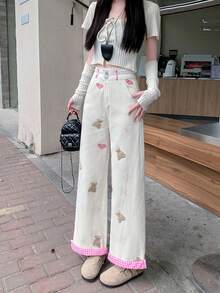 Women's Denim Pants With Ribbon Detail, High Waist, Loose Fit, Slimming Effect, Wide Leg, Straight Cut, Casual, Office, And Everyday Wear. - White - View 1