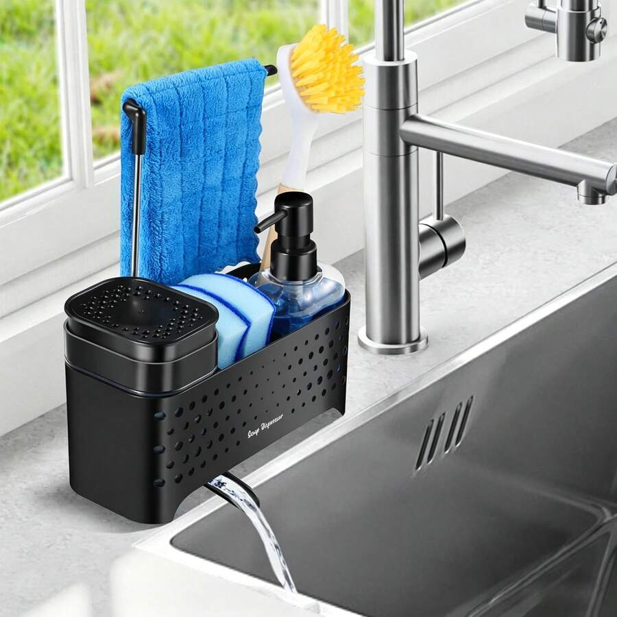 Kitchen & Bathroom Soap Dispenser Set, 5-In-1 Dual Function Hand Soap & Dish Soap Pump With Sponge Holder, Cloth Rack, Drain Rack And Brush Holder, Countertop Sink Organizer, Refillable Soap Dispenser Bottle, Dispensing Bottle, Practical Kitchen & Bathroom Tools, Kitchen Organizer, Kitchen Accessories, Bathroom Accessories, Modern Home Decor, Back To School Essentials, Ideal Holiday Gift For Family And Friends - 彩色 - 查看 1