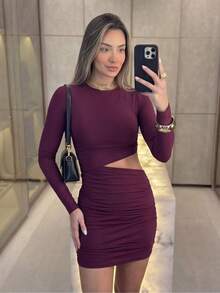 Women's Dress With Elegant Pleated Long Sleeves And Cutout In Suplex Fabric, Sizes 36 To 40, In Solid Colors, Suitable For Winter And Summer, Rodeos, São João Festivals, And Square Dancing. - Burgundy - View 1