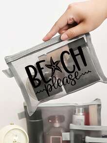 多色時尚網格沙灘包，印有「Beach」字樣的化妝包，沙灘主題。大容量透明化妝包，尼龍拉鍊化妝包，輕便，可存放防曬霜、零食、比基尼和沙灘必需品。春/夏收納，耐用，非常適合游泳、沙灘、潛水和夏季度假，學生返校，輕便防曬收納包，適合朋友、母親節、返校季節 - 彩色 - 查看 5