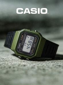 Casio 复古数字手表 F-91WM-3A，军绿色树脂表带，男女通用方形表盘，带闹钟、计时功能，防水 - 户外探险、露营、徒步旅行，青少年、男孩礼物，战术街头风格 - 綠+黑 - 查看 4