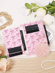Bow Print Wallet With Fur Ball Keychain Zip 2-Fold Purse Multiple Card Slots Coin Cash Compartment Unisex Daily Use Travel Gifting Card Holder - Hot Pink - View 7