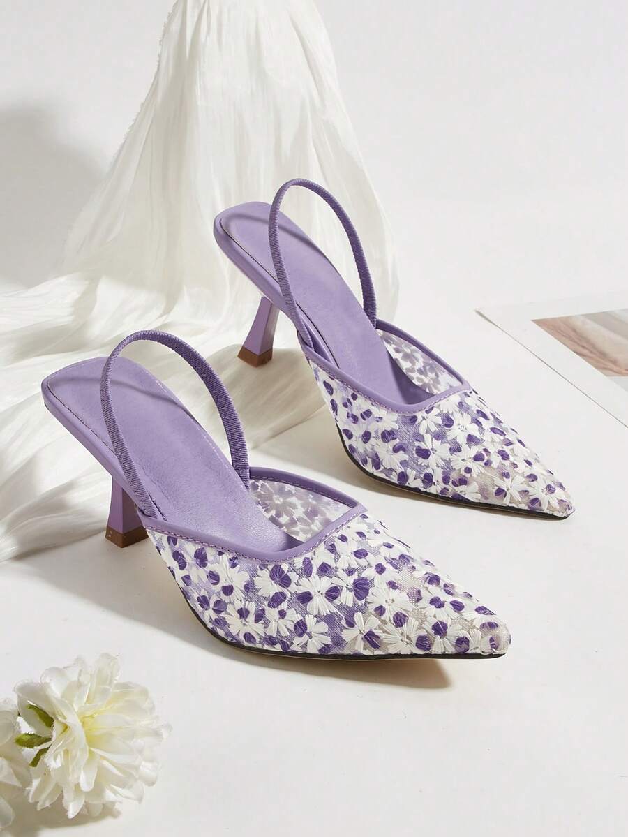 Tacones de aguja con estampado floral de malla y correa de tobillo, adecuados para bodas y fiestas - Lila Púrpura - Ver 1