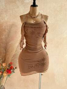 Vestido mini con volantes, gradiente naranja atardecer, con flores de strass, adecuado para vacaciones, citas, té de la tarde, playa, crucero, vacaciones en la isla, viaje a la ciudad, festival de música, vacaciones bohemias, fiesta, se puede usar dentro o fuera, conjunto de playa - Caqui - Ver 7