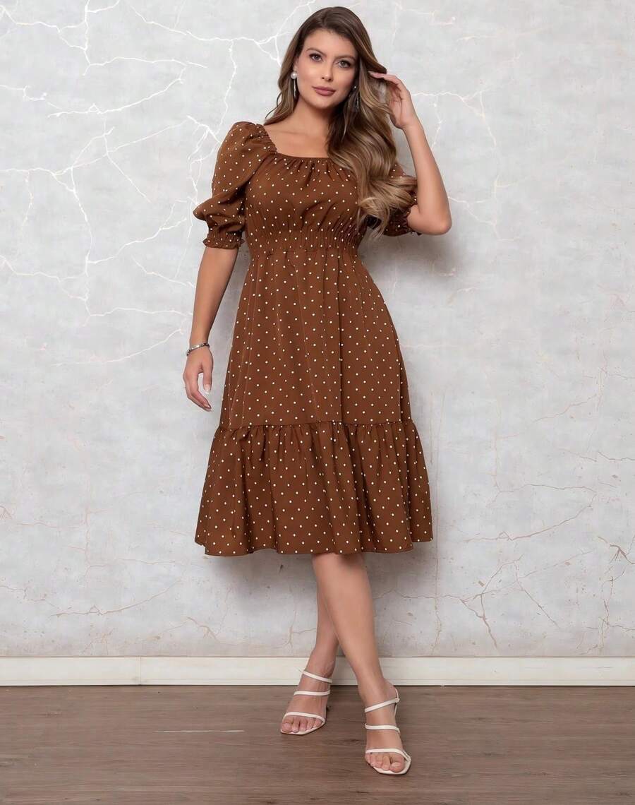 Women's Purple Midi Dress With Polka Dots, Square Neckline And Short Puff Sleeves, A-Line Silhouette, Gathered Detail, Ruffled Hem And Frill Design. - 咖啡棕 - 查看 1