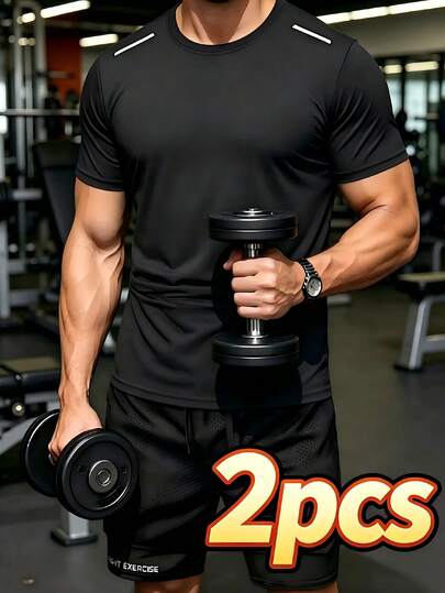 2pcs/Set Men's Summer Quick-Dry Sports Suit, Reflective Stripe Round Neck T-Shirt + Double-Layer Shorts, Breathable Fitness Set, Suitable For Gym, Running And Streetwear