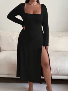 Floreya Plus Size Elegant Casual Daily Commute Spring/Summer New Short Sleeve Fitted Dress, French Retro High-End Elegant Slimming Dress Black - Black - View 5