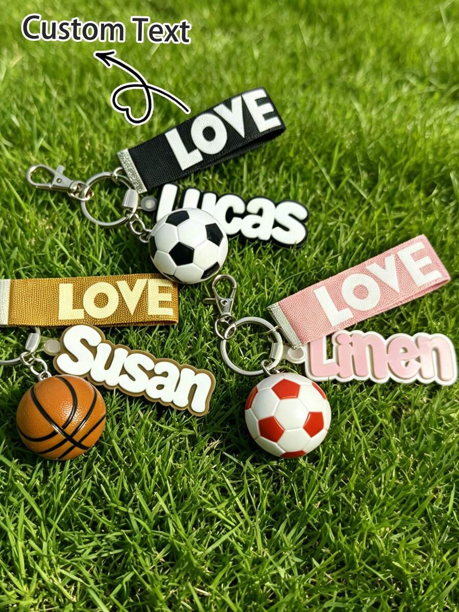 Custom Name Football Basketball Keychain Pendant, Personalized Soccer Ball Car Key Ring Wrist Strap Purse Charm Gift For Sports Lovers Boy Girl - Multicolor - View 1