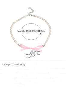 1pc Fashionable Versatile Pearl Heart Shaped Pink Bow Tie Choker Necklace For Girls - Pink - View 5