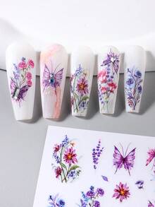 2pcs/Set Blooming Lavender Flower & Butterfly Pattern Nail Art Stickers, Slider Decals For DIY Manicure, Suitable For Spring And Summer - Multicolor - View 5