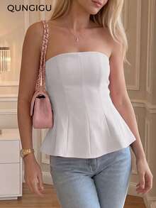 QUNGIGU Áo quây hồng không dây cho nữ, viền bèo nhún, lớp lót eo thắt, áo crop top mùa hè gợi cảm, áo kiểu voan xếp ly ôm sát, thích hợp cho hẹn hò và tiệc tùng. - trắng - Xem 1