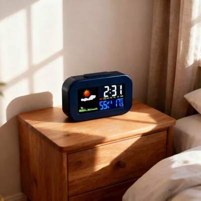 1pc LED Colorful Backlight Digital Weather Station Clock, Multifunctional Desk Alarm Clock With Real-Time Temperature & Humidity Monitoring, Comfort Index Display, Battery Powered (Batteries Not Included), Ideal For Bedroom, Dorm, Office, Home Decor