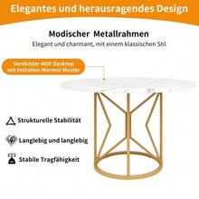 Round Dining Table (100*100*76 Cm), Kitchen Table, Round Coffee Table For 4-6 People, For Dining Room, Living Room, Metal Table Legs, Geometric Table Legs, Marbled MDF Top, Gold Finish - 白色 - 查看 6