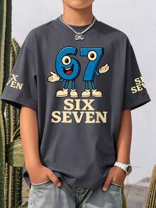 67# Print Round Neck Casual T-Shirt For Boys, Soft & Comfortable, Suitable For Spring & Summer Wear - Dark Grey - View 2