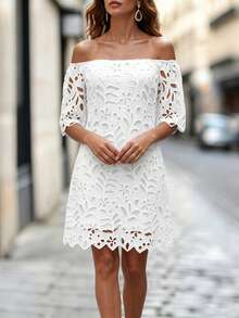Vuslat Women's Summer Long Fashionable Casual Embroidered Hollow Off Shoulder Button Design Sleeveless A-Line Midi Dress, Suitable For Work Commute, Party, Outing, Vacation, Back To School, Office, Business Casual, Wedding, Graduation Ceremony, Holiday Outfit, Luxury Evening Gown - White - View 3