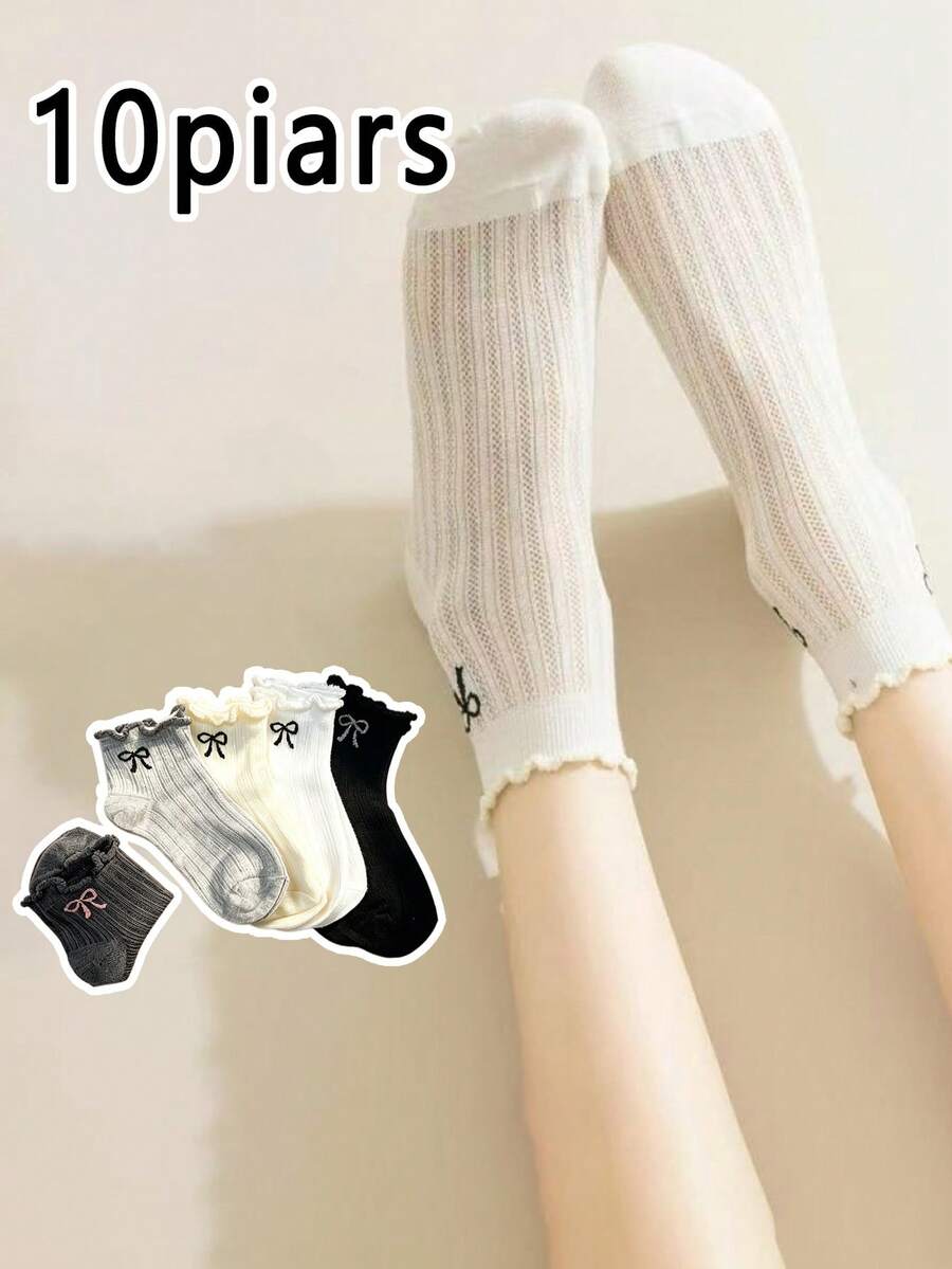 10 Pairs Women Ruffle Bow Short Socks, Super Thin Mesh Breathable Invisible Socks, Suitable For Ballet Flats And Daily Wear Cute Ruffle Socks - Multicolor - View 1
