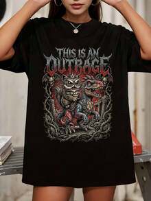 Metal Cat Riding Dinosaur T-Shirt - Heavy Metal Kitten Raptor Tee - Funny Death Metal Shirt - This Is An Outrage Goth Graphic Streetwear - Black - View 1