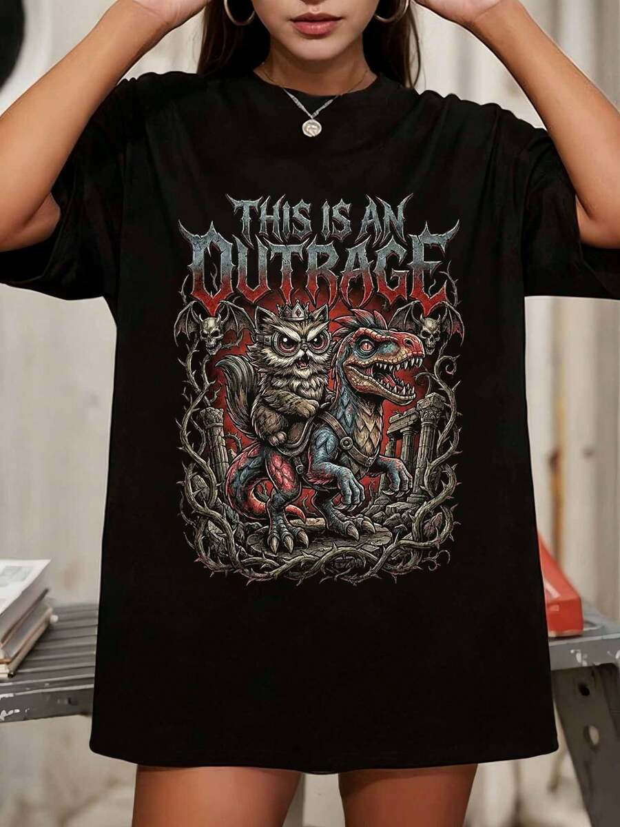 Metal Cat Riding Dinosaur T-Shirt - Heavy Metal Kitten Raptor Tee - Funny Death Metal Shirt - This Is An Outrage Goth Graphic Streetwear - Black - View 1