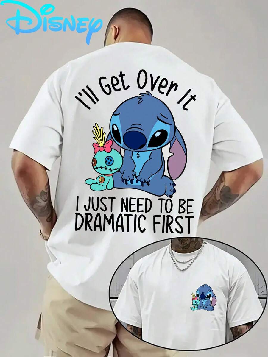 Disney Men's T-Shirt, Stitch I'll Get Over It 'Fun Front And Back Print, Crew Neck Casual And Comfortable T-Shirt, Ideal For Sports And Casual Attire, Women's Loose T-Shirt, Excellent Gift Selection, Must Have For Summer - 白色 - 查看 1