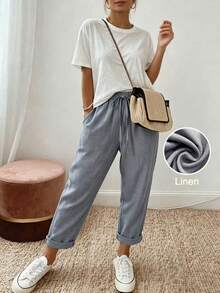 女士宽松灰色休闲裤，轻盈修身高腰抽绳直筒裤，舒适百搭，适合夏季日常休闲穿着 - 灰色 - 查看 8