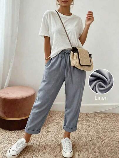 Pantalones casuales grises de ajuste relajado para mujer, pantalones rectos de cintura alta con cordón, de ajuste delgado y livianos, cómodos y versátiles para uso casual diario en verano