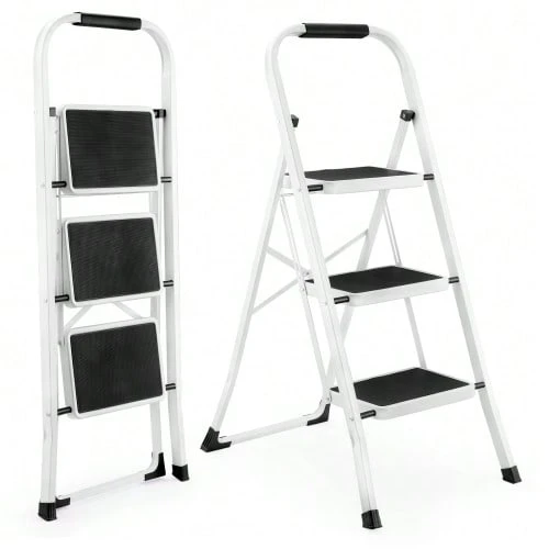 3-Step Ladder, Lightweight Folding Stool For Adults With Non-Slip Pedal, Heavy Duty Portable Ladder With Handrail, 150kg Capacity For Kitchen And Home. - Black and White - View 1