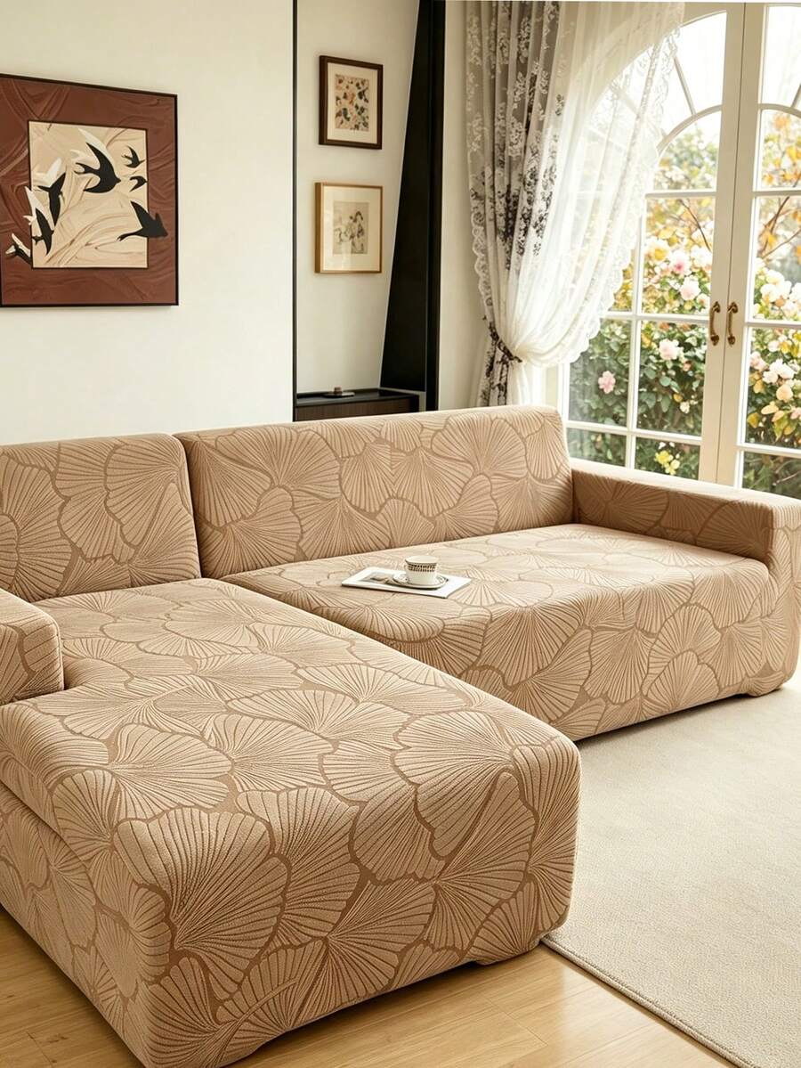 1pc Plush Fleece Khaki Leaf Pattern Stretch Sofa Cover (Pillow Cover Not Included), Nordic Modern Style Polyester Dust-Proof Anti-Slip Thickened Sofa Slipcover, Suitable For 1/2/3/4 Seater Sofa, Especially Suitable For Autumn/Winter Sofa Decor - Camel - View 1