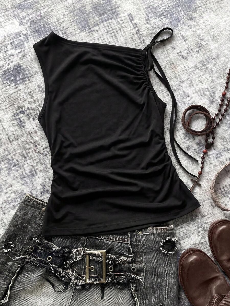 Áo tank top lửng co giãn thoải mái, màu trơn, buộc dây bất đối xứng, thích hợp cho mùa hè. - màu đen - Xem 1