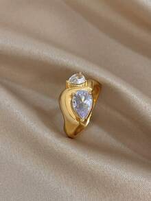 1 pièce Bague en or plaqué 18 carats en acier inoxydable avec perle en forme de goutte d'eau, bague pour femme, bague dorée, bague vintage, convient pour le port quotidien, les rendez-vous, la plage, les bijoux d'été, cadeau pour la fête des mères, Pâques, bijoux de style bohème - Multicolore - Voir 4