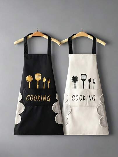 1pc Kitchen Apron With Hand Wipe,Water-Drop Resistant With 2 Pockets Cooking Bib Aprons For Women Men Chef, Cooking Baking