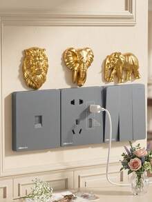 1 pieza Pegatina de interruptor de relieve 3D con león y elefante de lujo europeo dorado, cubierta de interruptor de resina moderna para decoración del hogar, sin necesidad de perforación, calcomanía de interruptor de animal, decoración de pared interior, accesorio de micropaísaje DIY, adecuado para vestíbulo, dormitorio, sala de estar, baño y otras embellecedoras de interruptores, mejora la estética del hogar - Dorado - Ver 3