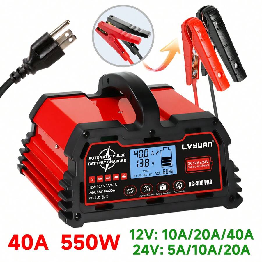 LVYUAN 40A 12V/24V Battery Charger, LiFePO4 Lead-Acid Portable Car Charger With LCD Display, Suitable For Cars, Trucks, Motorcycles And Marine Batteries. - 美規B型插(110-127V) - 查看 1