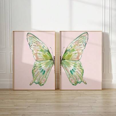 2pcs Watercolor Butterfly Wall Art Picture Pink Green Split Butterfly Prints Canvas Paintings Minimalist Posters Aesthetic Pastel Wall Decor For Bedroom Living Room Dorm Gift For Her Unframed