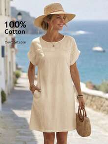 Vestido corto casual de mujer de unicolor con mangas de murciélago - Albaricoque - Ver 12