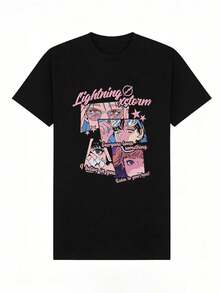 Camiseta de manga corta con cuello redondo suave y casual para mujer, estampado gráfico retro de anime con frases, adecuada para uso diario. Negra. - Negro - Ver 2