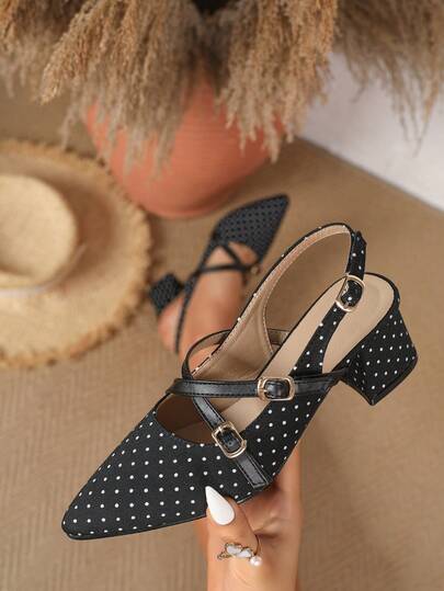 Giày mules cao gót mũi nhọn chấm bi dành cho nữ, sandal hở gót kiểu hộp đêm thắt nơ, sandal ngoài trời thoải mái, thanh lịch, đa năng cho tiệc tùng và đám cưới.