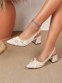 Giày mules cao gót mũi nhọn chấm bi dành cho nữ, kiểu dáng hộp đêm, buộc nơ, hở gót, sandal chấm bi cao cấp đa năng, thanh lịch, phù hợp cho tiệc tùng, đám cưới và các sự kiện ngoài trời. - Màu be - Xem 5