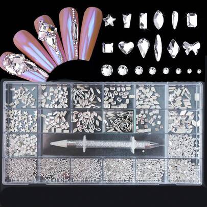 21-Grid Mixed Shiny Transparent Diamond Crystal 3D Nail Art Rhinestones Decoration Set With Pickup Pen, Fashion Nail Art Decorations, Nail Design Accessories, Nail Gems In Various Shapes For DIY And Salon Use