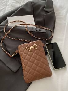 Mini Fashion Solid Color Quilted Small Bag With Diamond Grid Bow Hardware Decoration Chain Crossbody Bag, Suitable For Shopping, Wallet, Shopping, Young Women, College Students, Newcomers, And White Collars. They Are Very Suitable For Offices, Universities, Work, Business, Commuting, Outdoor Activities, Travel, And Outings - Brown - View 8