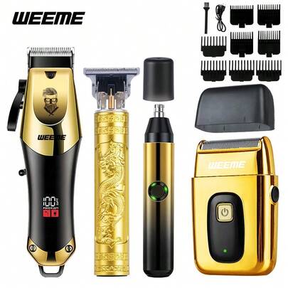  WEEME Professional 4-Piece/3-Piece/2-Piece/1-Piece Men's Grooming Kit: Electric Hair Clipper, T-Blade Trimmer, Electric Shaver And Nose Hair Trimmer | USB Rechargeable Cordless Design | Complete Home Haircutting Set | Stylish Gold Design