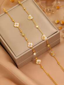 1pc Stainless Steel Heart, Flower, Clover, Rhombus Mother Of Pearl Bracelet, Elegant & Fashionable Micro-Inlaid Bracelet For Women, Summer New Arrival - Gold - View 5