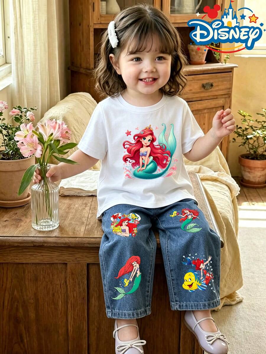 Disney Mermaid Ariel Pattern Set, Summer Casual Breathable Printed Short Sleeved T-Shirt+Cartoon Printed Jeans Set, Baby Casual Fashion Two-Piece Set - White - View 1