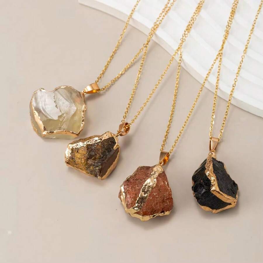 1pc Natural Crystal Jelly Color Asymmetrical Gold Rim Pendant Necklace - Necklace - View 1