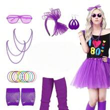 1/4/6/5/8/9pcs Ensemble d'accessoires de vêtements pour femmes style années 80, comprend un tutu, des jambières de fête néon, un collier néon, des boucles d'oreilles, un bandeau, des gants en filet, un tutu amélioré, convient aux tailles adultes - Multicolore - Voir 5