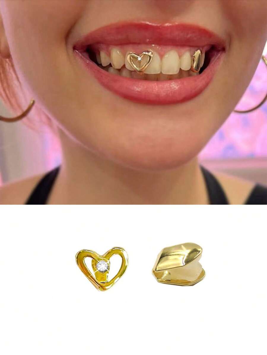 1 Set Hollow Heart Zirconia Inlaid Personalized Fashion Hip-Hop Tooth Accessories, Unisex Daily Wear - Multicolor - View 1