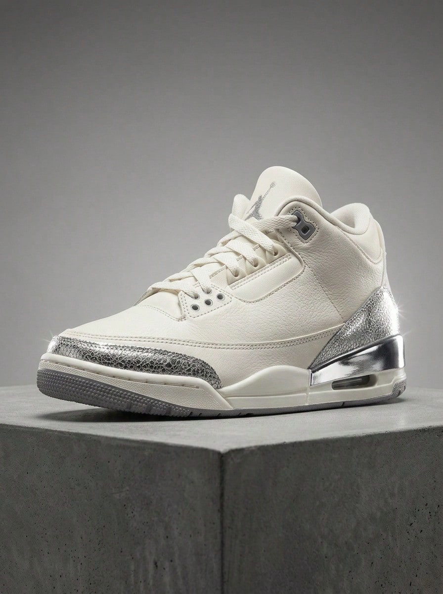 Giày thể thao Air Jordan 3 dành cho nam có thân giày bằng vải Sail với họa tiết voi màu xám xi măng bóng và đế giữa màu bạc ánh kim, thiết kế hiện đại theo phong cách cổ điển '88, mã kiểu dáng CK9246-100 - kem - Xem 1